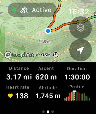 A map and compact workout metrics on the Watch